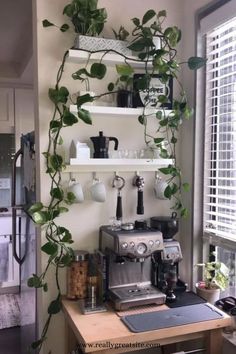 a coffee machine sitting on top of a wooden table next to a shelf filled with plants