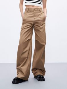 MO&Co. Women's High Waisted Knee Pleated Straight Pants Urbancore  in Camel Classic Wide Leg Cargo Pants For Fall, Baggy Straight Chinos For Work, Brown Wide Leg Cargo Pants For Work, Brown Baggy Wide Leg Pants For Work, Beige Loosely Fitted Cargo Pants For Work, Brown Cargo Pants For Spring Workwear, Beige Cargo Pants With Loose Fit For Workwear, Brown Cargo Pants For Workwear, Tailored Straight Pants With Patch Pockets