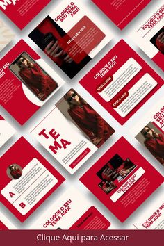 a bunch of red and white business brochures with different images on the front