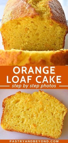 an orange loaf cake is cut in half and ready to be eaten with text overlay