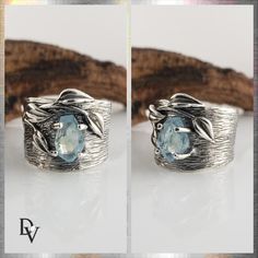 Wide Aquamarine Leaf and Twig Sterling Silver Ring - Handmade by Dawn #LeavesRing #Geometric #NatureRing #Modern #RingsForWomen #LeafRing #WideBand #HandmadeJewelry #SilverRing #GirlsJewelry Modern Untreated Jewelry For Anniversary, Twig Wedding Band, Raw Opal Ring, Twig Ring, Nature Ring, Silver Engagement Rings, Aquamarine Gemstone, Silver Rings Handmade, Girls Jewelry