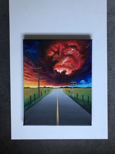 a painting on the wall of a road with a sky filled with clouds and lightning