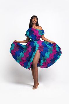 African print midi dress off shoulder neckline elastic waist back zipper 100% cotton side pockets... African Print Styles For Ladies, Ankara Skater Dress, African Print Styles, Midi Dress Off Shoulder, Off Shoulder Neckline, Caribbean Fashion, Xxxl Dress, African Styles, Latest Ankara