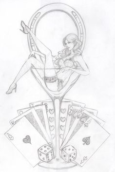 a drawing of a woman sitting on top of a table with playing cards and dice