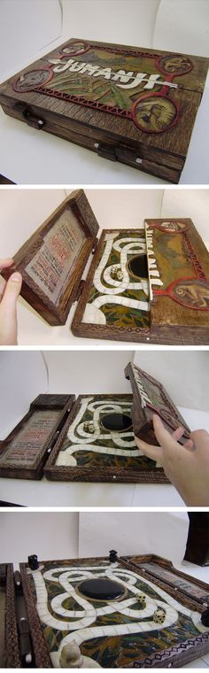 three different pictures showing the inside of an old wooden box with decorative designs on it