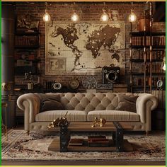 a living room filled with furniture and a large map hanging on the wall above it