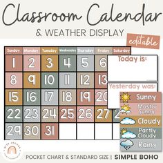 the classroom calendar and weather display is shown in this printable version, which includes two different