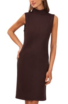 An exposed back zipper reinforces the polished aesthetic of a sleeveless sheath sewn with structured seams. 38 1/2" length (size Medium) Mock neck Sleeveless 93% polyester, 7% spandex Machine wash, tumble dry Imported Classic Fitted Mini Dress With Back Zipper, Stretch Sheath Sleeveless Dress For Work, Fitted Sleeveless Knee-length Dress With Side Zipper, Sleeveless Stretch Mini Dress For Work, Stretch A-line Sleeveless Dress For Work, Lined Stretch Mini Dress For Work, Stretch Lined Mini Dress For Work, Sleek High Neck Mini Dress For Work, Fitted Sleeveless Dress With Back Zipper For Work