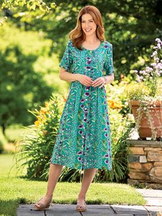 This Lightweight Floral Dress Turns Any Occasion Into a Special One Green Summer Dress With Button Closure, Green Summer Dresses With Button Closure, Green Buttoned Sundress, Green Buttoned Dress For Daywear, Green Daywear Dress With Buttons, Green Buttoned Dress For Garden Party, Green Spring Dress With Button Closure, Sun Dresses Modest, Dresses For Women Over 60