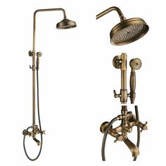 an old fashioned shower head and hand shower faucet with handset, set against a white background