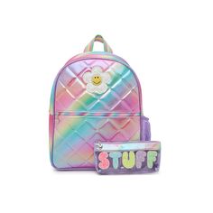 OMG Accessories-Daisy Quilted Backpack & Pouch Add some sunshine to their school supplies with the Daisy Quilted backpack and pouch from OMG Accessories. This bookbag features a rainbow sheen that adds a playful pop, while the sparkling flower detail adds a fun flair. Complete with a removable pencil case that will keep their must-haves secure. Cute Rainbow School Bag, Rainbow Standard Backpack For Back To School, Cute Rainbow School Bags, Multicolor Pencil Case For Back To School, Rainbow-colored Standard Backpack For School, Rainbow Bags For Back To School, Rainbow Bags For School And Back To School, Casual Rainbow School Bag, Rainbow School Backpack