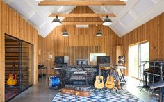 a room filled with guitars and musical equipment