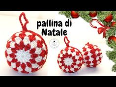 two crocheted ornaments hanging from a christmas tree with red and white decorations around them