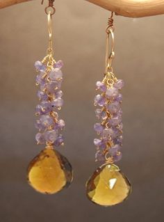 "Beaded cluster drop earrings of tanzanite and whiskey quartz, about 2\" long. Available in 14k gold filled, 14k rose gold filled, sterling silver **We now offer LAYAWAY**Please read our policy section for more info - http://www.etsy.com/shop/CalicoJunoJewelry/policy" Bead Projects, Rectangle Earrings, Earrings Inspiration, Vermeil Jewelry, Lemon Quartz, Cluster Earrings, Quartz Earrings, Small Earrings, Wire Work