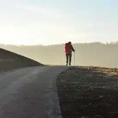 a man walking on the side of a road with ski poles in his hand while wearing a red jacket