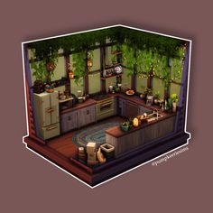 an animated kitchen is shown with plants growing on the walls and cabinets, as well as potted plants