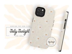 an iphone case with daisies on it next to a sticker that says stay sunlight