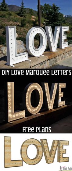 the words love are lit up in different font styles