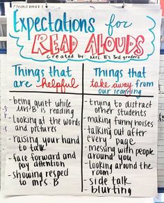 a poster with some writing on it that says expectations for read alouds things that are people