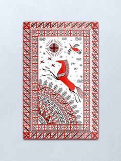 a red bird is flying through the sky on a white background with an intricate design