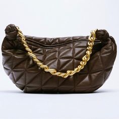 Rare Zara Genuine Leather Quilted Chunky Chain Strap Shoulder Bag -Price Reduced & Free Shipping, Items Selling Fast -Gorgeous Geometric Quilted Leather W/Topstitching Detail Adds Striking Texture To This Shoulder Bag -Sold Out Online & In Stores -Soft Supple High Quality Genuine Sheep Leather -Lined Interior W/Zip Pocket Trimmed W/Leather, Zara Embossed Under Pocket,Chunky Zipper Pull -Chunky Chain Shoulder Strap,About 7” H Drop -About 9” H (Not Including Side Knots) 16” L 5“ W -Chocolate Brown Trendy Leather Bags With Gold Chain, Chic Leather Baguette Bag With Chain Strap, Leather Clutch Bag With Gold Chain, Leather Clutch With Gold Chain, Leather Shoulder Bag With Gold Chain For Evening, Leather Shoulder Bag With Gold Chain For Party, Evening Leather Shoulder Bag With Gold Chain, Leather Shoulder Baguette Bag With Chain Strap, Leather Chain Strap Baguette Shoulder Bag