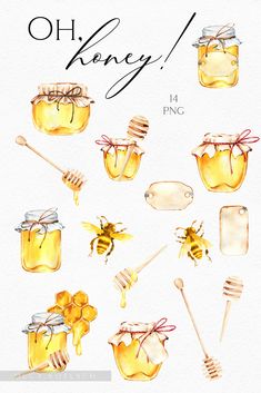 watercolor honey jars and spoons with honey on them