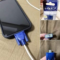 there are pictures of an electronic device connected to a charger and plugged in