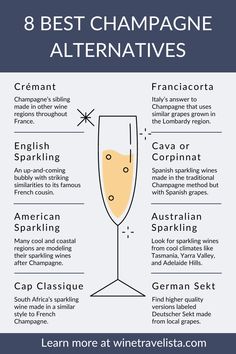 Champagne alternatives chart, including Cremant, Franciacorta, English sparkling wine, Cava, American sparkling wine, Australian sparkling wine, Cap Classique, and German Sekt. English Sparkling Wine, Wine Tasting Guide, Champagne Pairing, Wine Facts