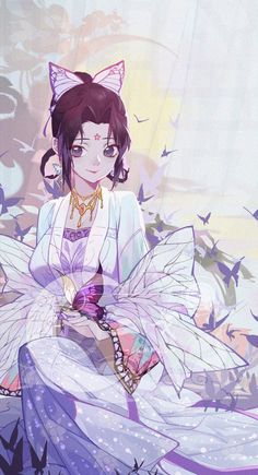 an anime character sitting on the ground with butterflies around her