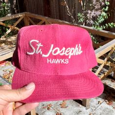 Very rare, true vintage 1990s St Joseph's University Sports Specialties wool script snapback. In very good condition with no major flaws (writing on inside tag). Classic style and great quality and colors. Saint Josephs University, Saint Joseph, Sport Hat, St Joseph, Vintage Sports, Hawks, Hat Cap, Snapback Hat, True Vintage