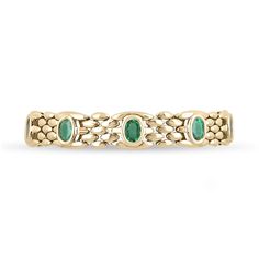 A unique natural emerald bracelet. This special piece features nine natural oval-cut emeralds varying in different shades of green, tones, clarity, luster, etc. The gemstones are carefully bezel set, with distinct and intricate serpentine scales in between the stones. Crafted in gleaming 14K yellow gold, and measures 7-inches.  Setting Style: Bezel Setting Material: 14K Yellow Gold Setting Weight: 27.7 Grams Main Stone: Emerald Shape: Oval Cut Approx Weight: 9.28-Carats (Total) Clarity: Semi-Transparent Color: Green Luster: Excellent-Very Good Treatments: Natural, Oiling Origin: Zambia Estimated Retail Value: $23,980.00 USD Keep in mind we custom create all of the items listed here. If you have a special request for a custom-created item please contact us at 1 800 840 6828. Complimentary s Gold Bracelet With Green Stone, Luxury Oval Bracelet With Bezel Setting, Luxury Green Oval Bracelet, Oval Emerald Bracelets For Anniversary, Fine Jewelry Green Oval Bracelets, Oval Green Bracelets Fine Jewelry, Green Oval Bracelets Fine Jewelry, Colombian Emerald Ring, Emerald Bracelet