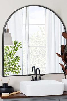 a bathroom sink sitting under a large mirror next to a potted plant on top of a counter