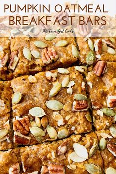 pumpkin oatmeal breakfast bars stacked on top of each other with text overlay