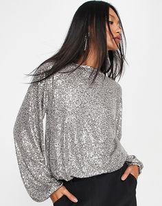 Tops by River Island It's a yes from us Round neck Blouson sleeves Button-keyhole back Regular fit Metallic Long Sleeve Top With Sequins, Silver Long Sleeve Tops With Sequins, Silver Long Sleeve Sequin Tops, Silver Sequined Tops For Night Out, Holiday Silver Sequined Tops, Holiday Silver Sequin Tops, Silver Tops For Holiday Night Out, Silver Tops For Night Out And Holiday, Silver Top For Night Out And Holiday