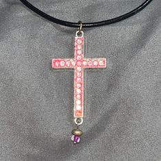 Beautiful Necklace Pink Cross Pendant Necklace For Gift, Adjustable Pink Cross-shaped Jewelry, Adjustable Pink Necklaces For Fashion Accessory, Handmade Pink Cross Jewelry, Silver Handbag, Silver Swan, Leather Cord Necklace, Pink Cross, Stone Dangle Earrings