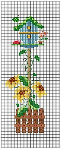 a cross stitch pattern with flowers and a birdhouse on it's top,