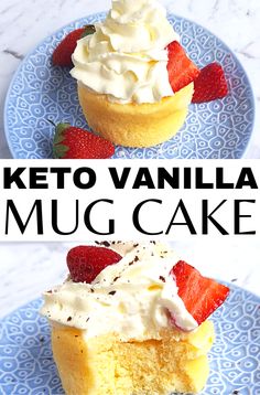 two pictures with the words keto vanilla mug cake on them and strawberries in the middle