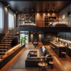 an open concept living room with stairs leading up to the loft bed and kitchen area