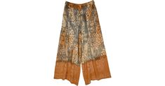 Psychedelic Bronze Flowy Hippie Long Pants Hippie Style Brown Bottoms For Spring, Hippie Style Wide Leg Brown Bottoms, Brown Wide Leg Hippie Bottoms, Bohemian Brown Wide Leg Pants For Spring, Bohemian Brown Relaxed Fit Bottoms, Bohemian Orange Bottoms For Fall, Bohemian Brown Harem Pants For Spring, Summer Full-length Brown Harem Pants, Bohemian Brown Wide Leg Bottoms