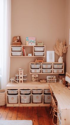 a room filled with lots of storage containers and boxes on top of shelves next to a window