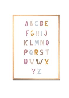 a wooden framed alphabet print with letters and numbers in pastel colors on a white background