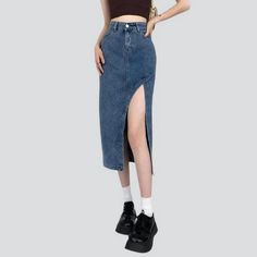 Introducing our medium-wash elevated-waist jean skirt from the 2023 Autumn Collection – the perfect embodiment of 90s style with a couture twist!Why it's a Must-Have for Your WardrobeCrafted to capture the essence of the iconic 90s vogue era, this long jean skirt is a statement piece that exudes confidence and sophistication. With its high-waist design and high-split detail, it's not just a skirt; it's a symbol of empowerment and individuality!Distinctive Features: 90s Nostalgia: Inspired by the 90s Vogue, Long Jean Skirt, Iconic 90s, Autumn Collection, Long Jeans, 90s Nostalgia, 2023 Autumn, A Skirt, 90s Style