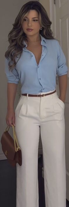 Luxury Job Aesthetic, Blue Interview Outfit Women, European Professional Outfits, Blue Outfit Ideas Classy, Office Business Casual Outfits For Women, Pastor Wife Outfits, Blue Slacks Outfit Women, Elegant Jeans Outfit Classy, High Waist Outfits