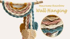 macrame rainbow wall hanging with heart shaped tassels and wooden stick attached to it