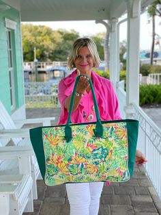 Bold summer preppy vacation prints Measures 19-1/2"W x 13-3/4"H x 6-1/4"D. outside 100% Cotton Inside 100 polyester lining Printed Canvas. Imported. Spring Travel Canvas Beach Bag, Green Large Capacity Canvas Beach Bag, Large Green Canvas Beach Bag, Large Capacity Green Canvas Beach Bag, Spring Green Canvas Bag, Green Canvas Bags For Weekend, Green Canvas Beach Bag For Travel, Casual Beach Bag For Weekend In Spring, Green Canvas Tote Beach Bag