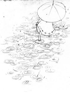 a drawing of a person holding an umbrella in the water