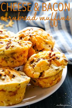 cheese and bacon cornbread muffins on a white plate with text overlay