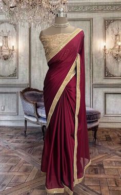 Beautiful deep raspberry coloured satin georgette saree with designer gold blouse piece Gold Blouse, Raspberry Color, Georgette Saree, Georgette Sarees, Gold Design, Blouse Piece, Favorite Outfit, Raspberry, Art Collection