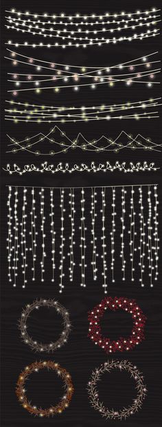 a bunch of lights that are on top of a black surface with some strings hanging from it