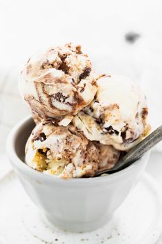 three scoops of ice cream in a white bowl